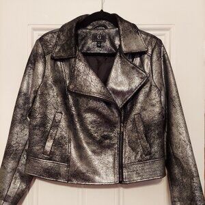 G by Giuliana Dark Silver Metallic Faux Leather Moto-Style Jacket size XL